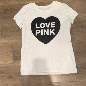 PINK Victoria's Secret White Tee with Black Glitter Heart 'LOVE PINK' Graphic